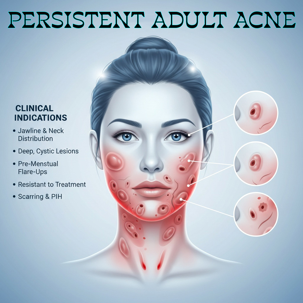 Clinical indications map of persistent adult acne showing distribution patterns and lesion types in adult patients