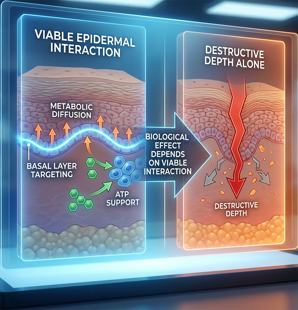 Metabolic vs destructive peeling model showing viable epidermal interaction versus depth-driven tissue injury in adult acne treatment