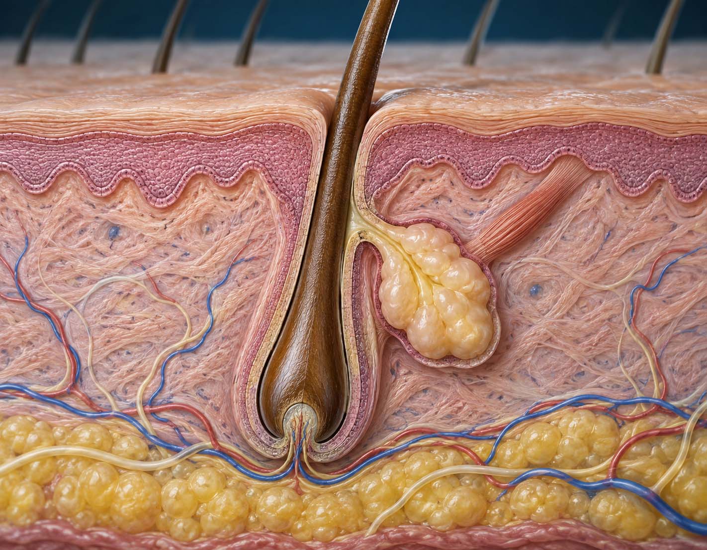 Educational cross-sectional visualization of a pilosebaceous follicular unit