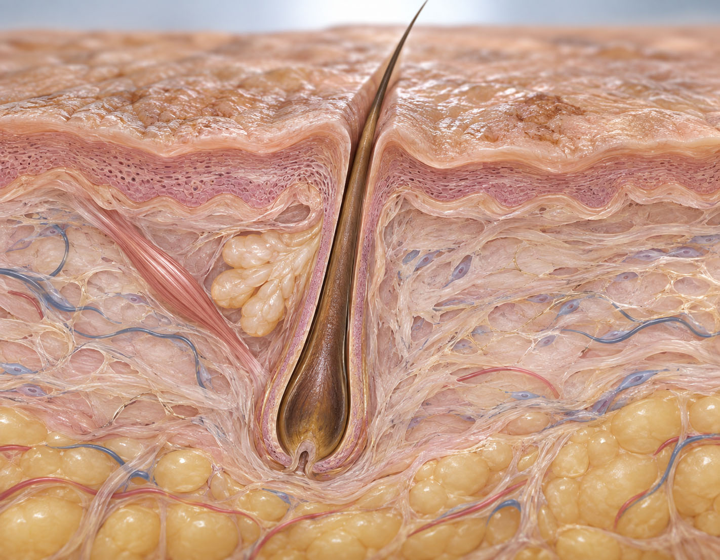 Educational visualization of reduced cutaneous support surrounding a follicular opening