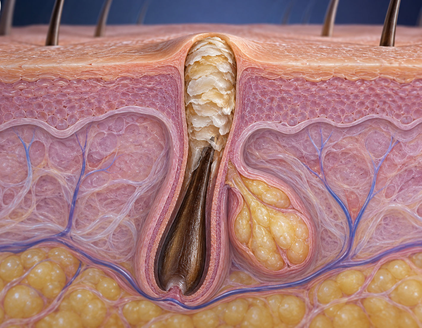 Educational cross-sectional visualization of retained keratin within a follicular canal
