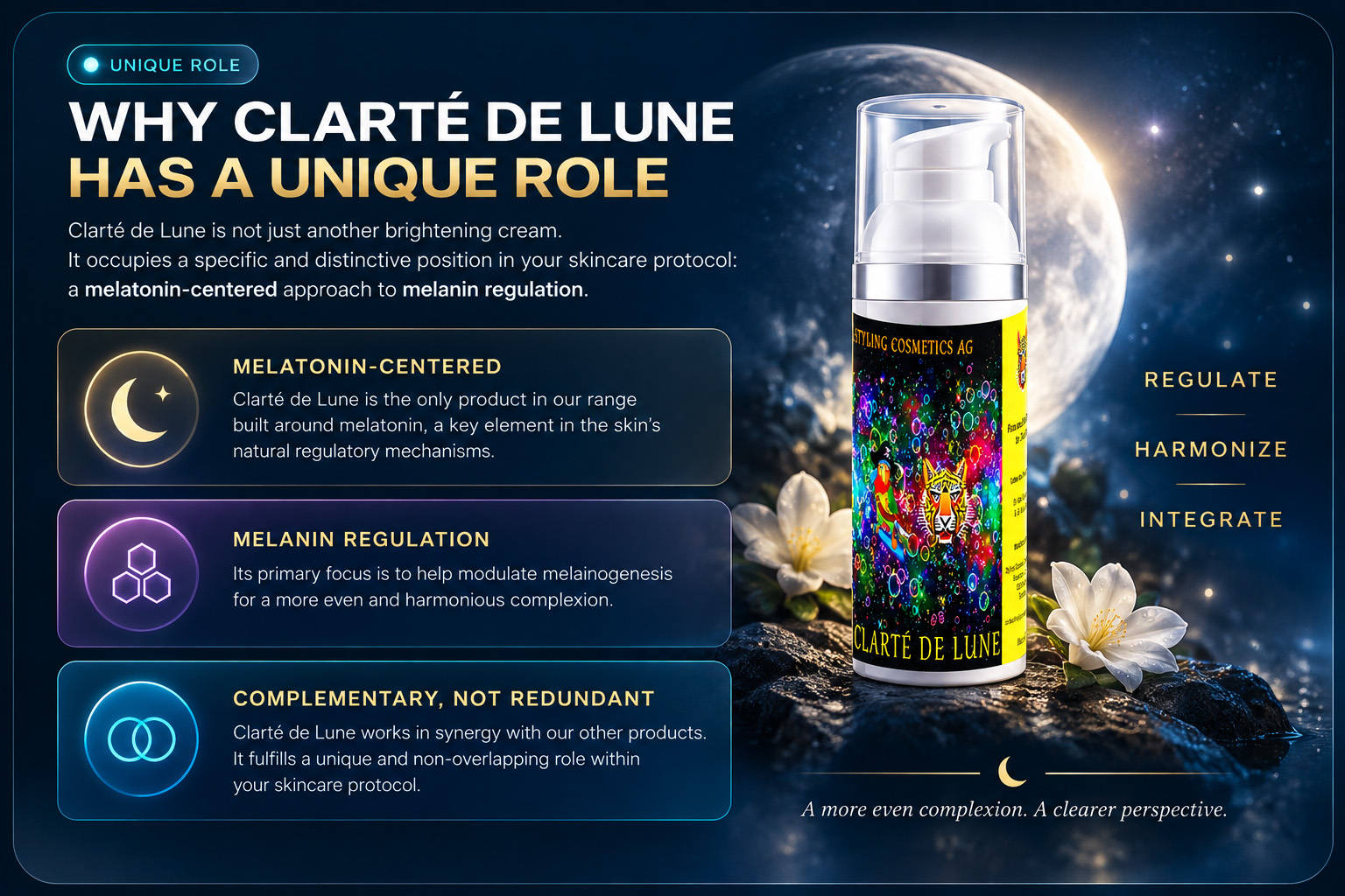 Clarté de Lune unique role: melatonin-centered formulation, melanin regulation and complementary protocol integration
