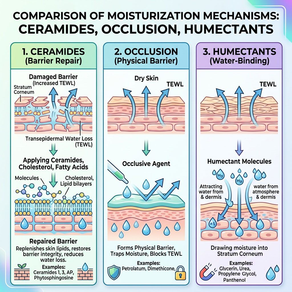 Comparison of moisturization mechanisms: ceramides, occlusion and humectants